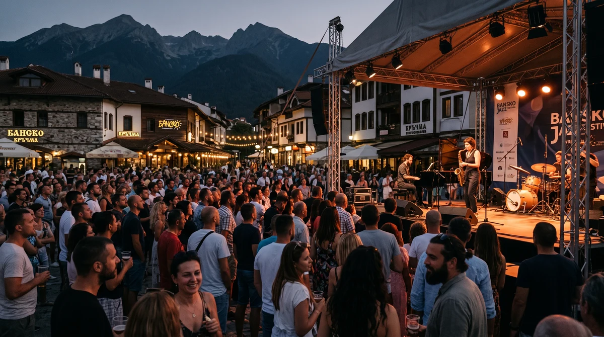 Публика гледа вечерен джаз концерт на открита сцена в Банско под Пиринските планини