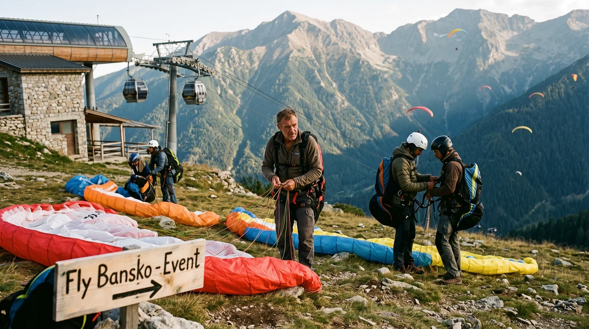 Парапланеристи подготвят цветни крила край лифт в Пирин по време на Fly Bansko 2026