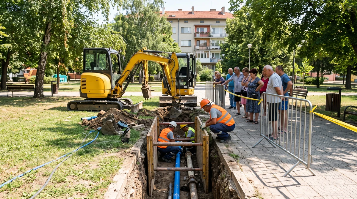 Разкопан участък в централния парк на Добринище по трасето на минералния водопровод.