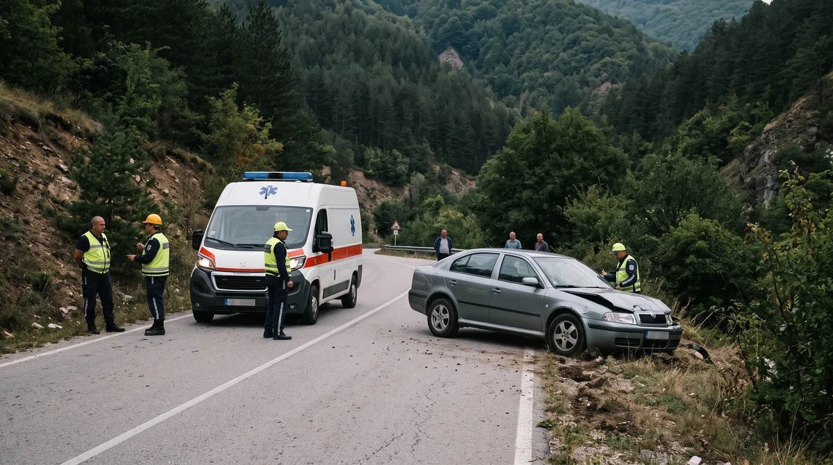 Планински път в Югозападна България с аварийна медицинска кола и повреден автомобил след катастрофа