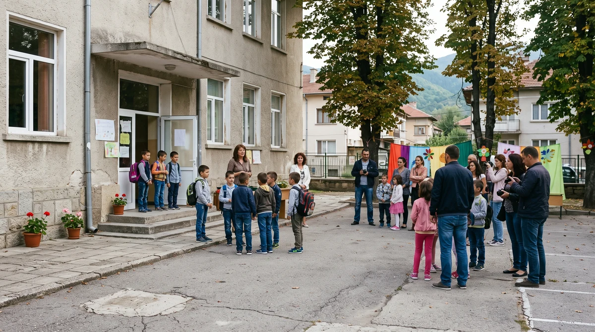 Ученици, родители и учители се събират в училищен двор в община Банско в началото на учебната година.