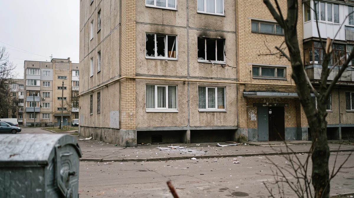 Повредена жилищна сграда на градска улица, тематична илюстрация за атаките в Украйна.