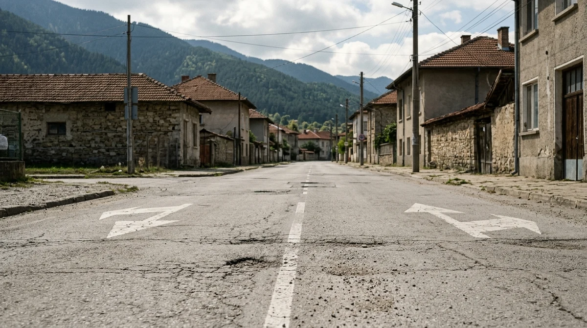 Тиха градска улица с празно пътно платно и пътна маркировка.