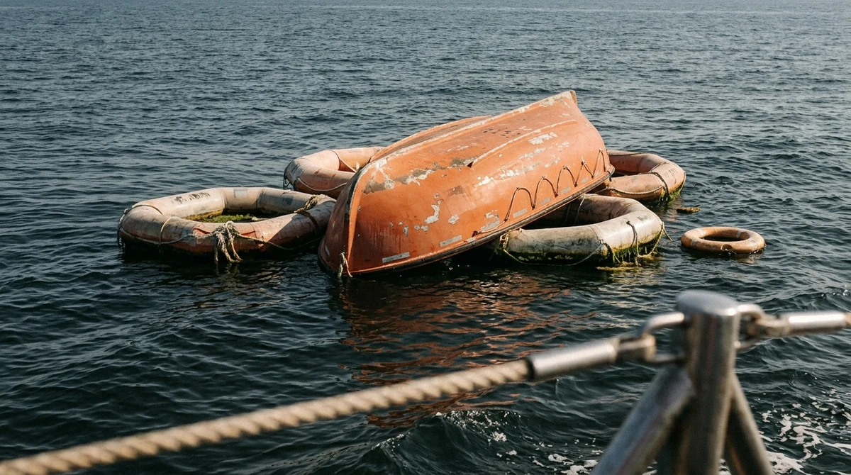 Илюстративен кадър на празна спасителна лодка и плотове в открито море.