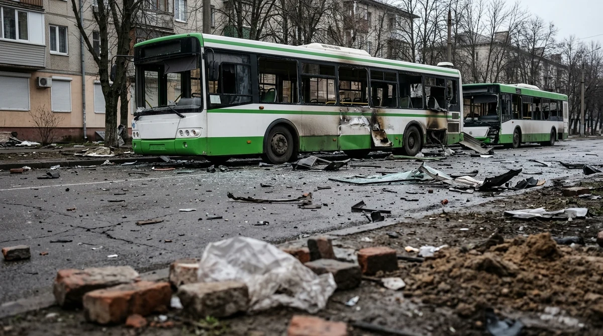 Повреден автобус и отломки по градска улица, тематична илюстрация.