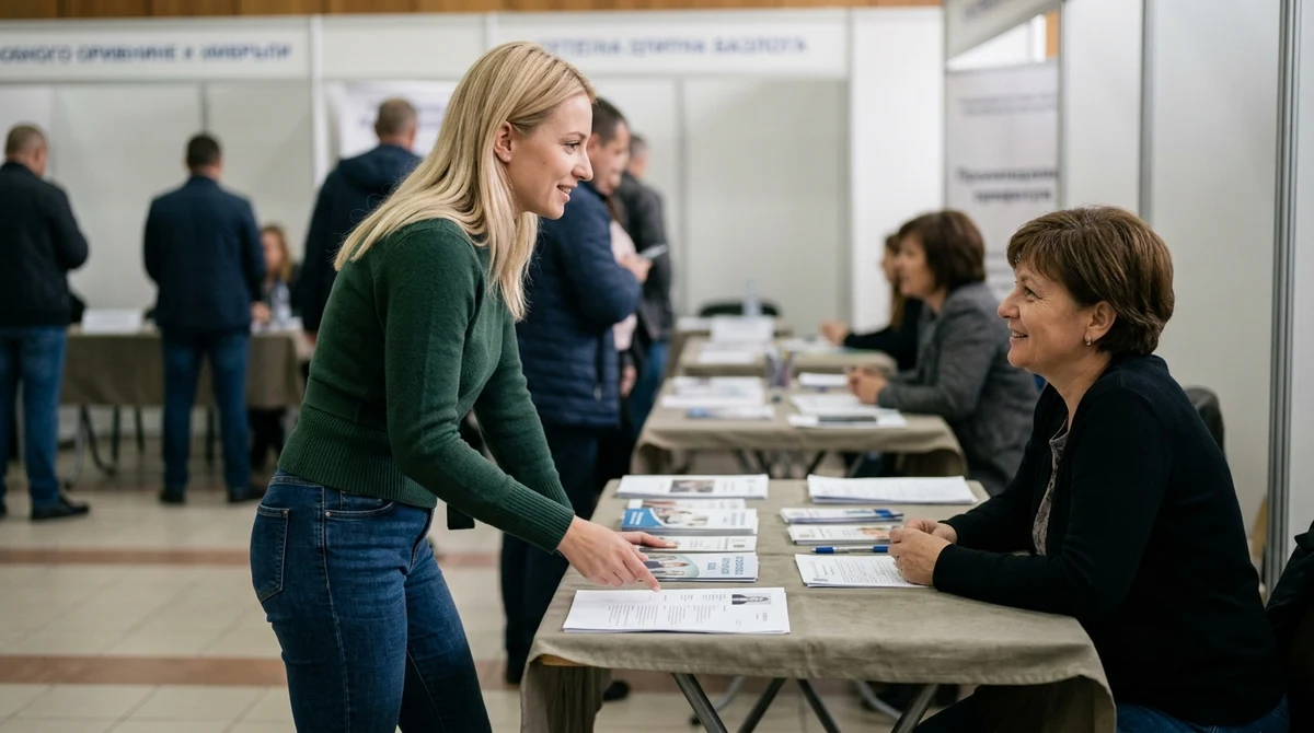 Млада жена разговаря с работодател на трудова борса.