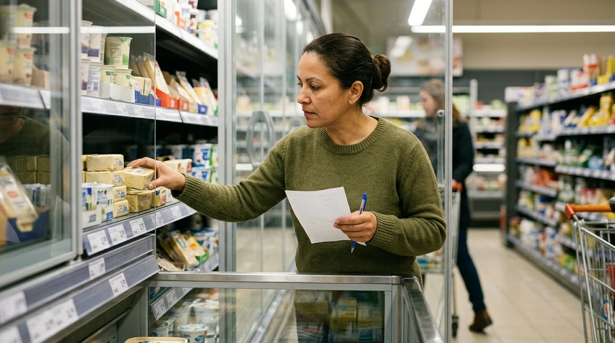 Купувач сравнява млечни продукти и цени в магазин.