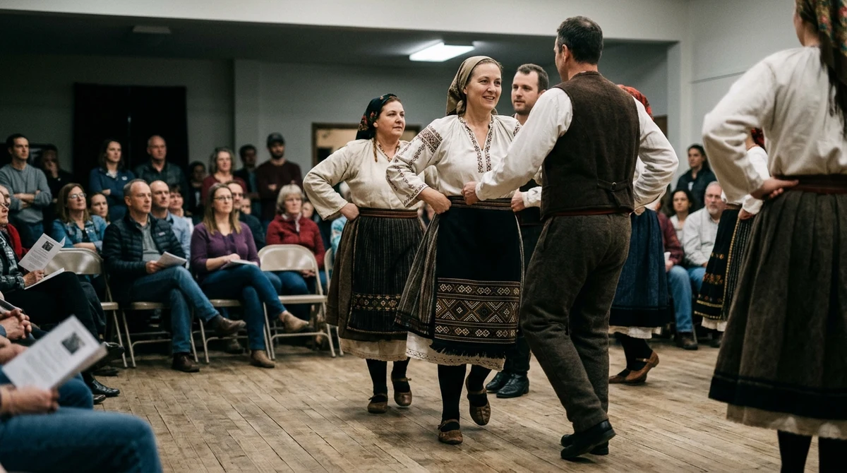 Възрастни фолклорни танцьори изпълняват народен танц на сцена.