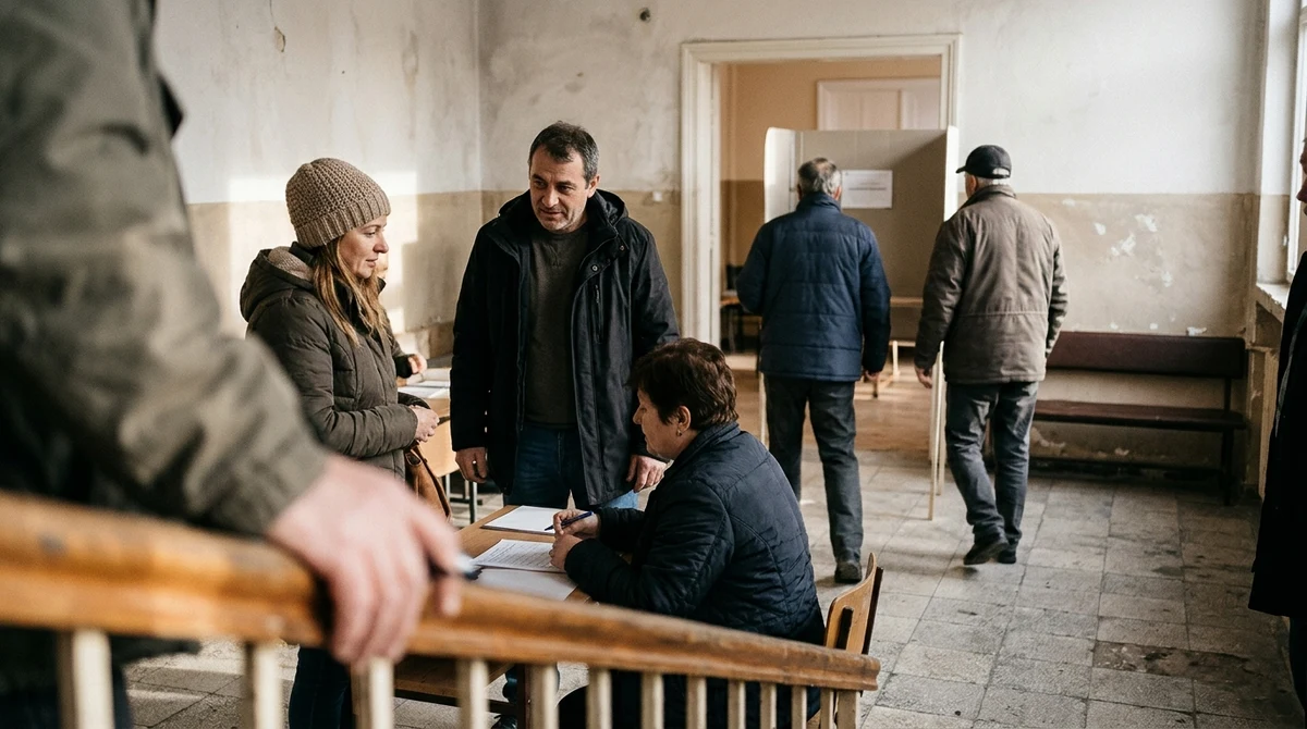 Възрастни избиратели пристигат пред избирателна секция в България.