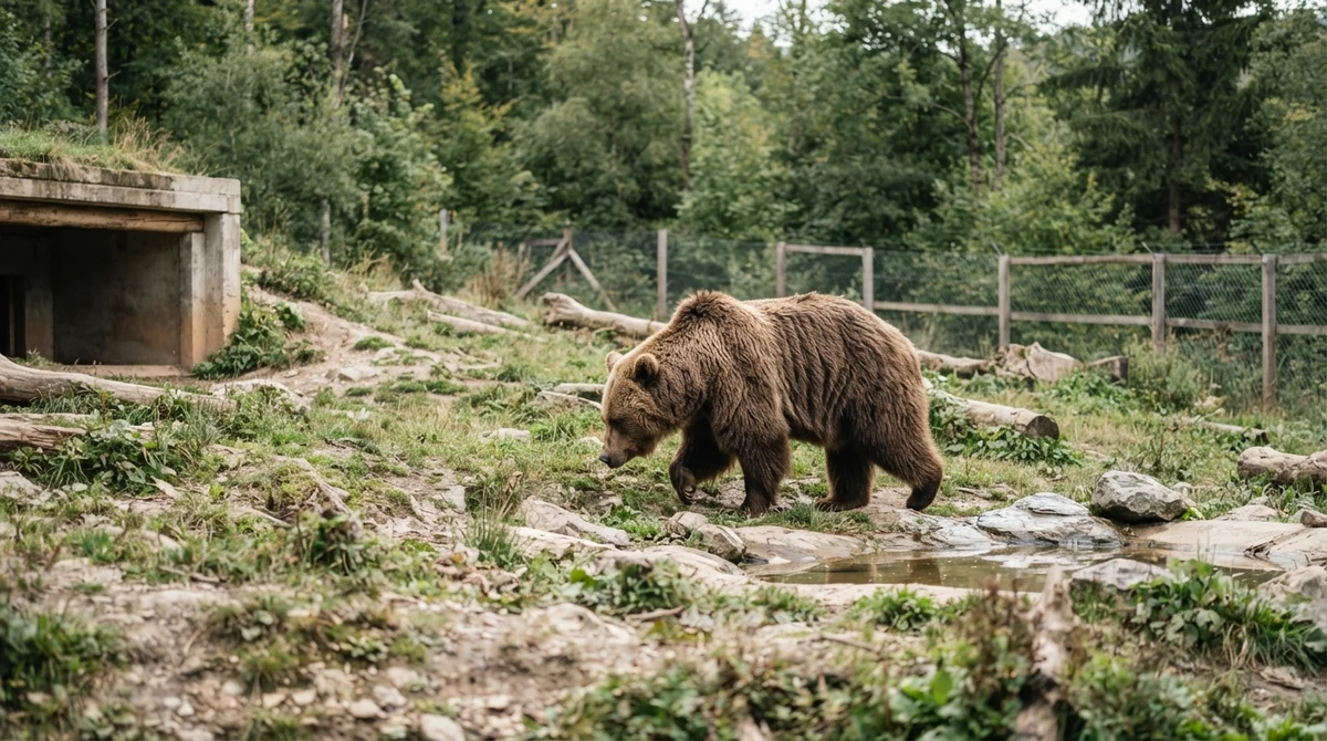 Кафяв мечок в просторен сектор с басейн и бърлога.